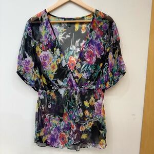 Lauren Ralph Lauren Silk Floral Sheer Faux Wrap V-Neck Blouse Size 1 XL